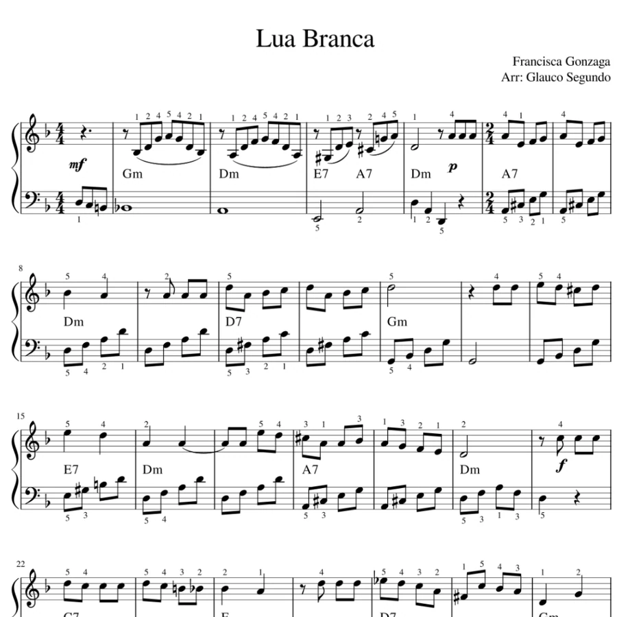 Página da partitura de Lua Branca